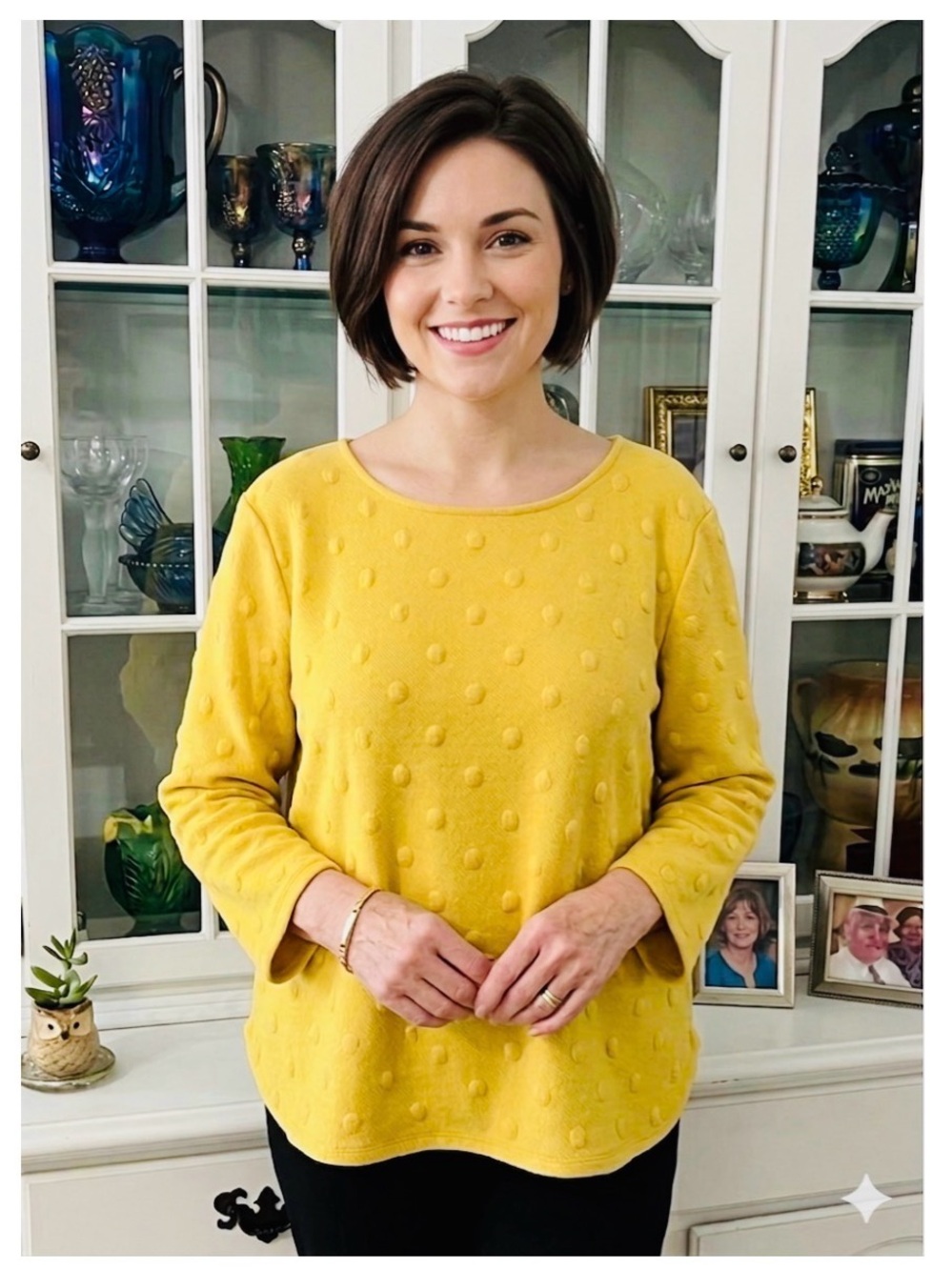 Anthropologie W5 knit top Size M🌷Mustard textured polka dot Casual Career work